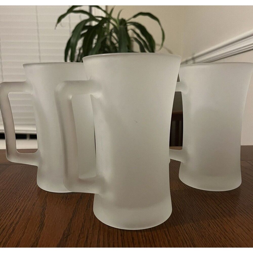 Indiana Glass Frosted Beer Mugs White Satin Heavy 6-3/4" Tiara Set of 4